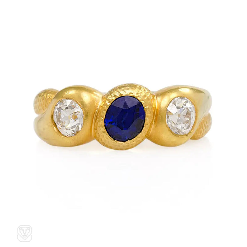 Antique Gold Sapphire And Diamond Gypsy Ring