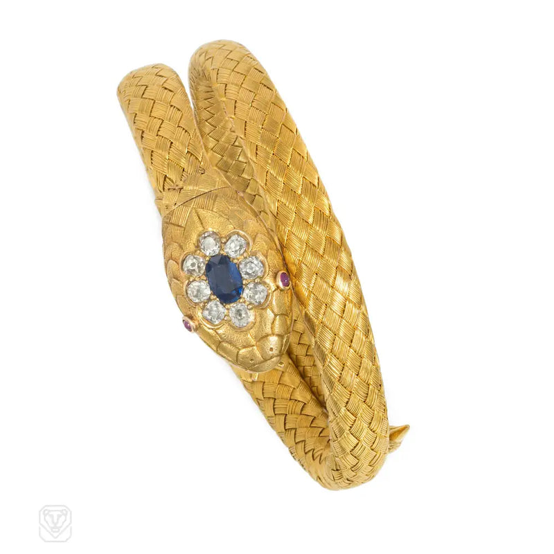 Antique gold sapphire and diamond snake bracelet