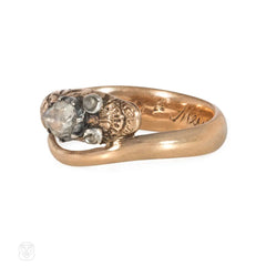 Antique gold snake ring with engraved diamond-set head