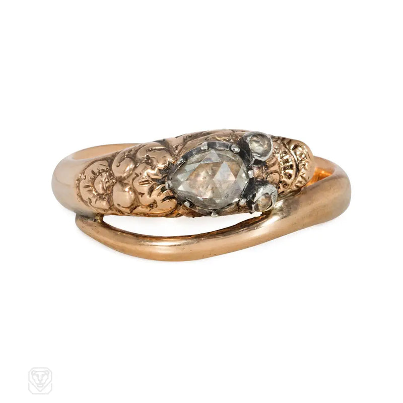 Antique Gold Snake Ring With Engraved Diamond - Set Head