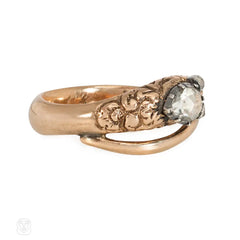 Antique gold snake ring with engraved diamond-set head
