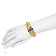 Antique gold strap bracelet with diamond and amethyst ornament