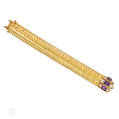 Antique gold strap bracelet with diamond and amethyst ornament