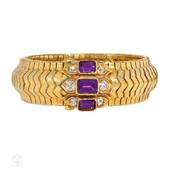 Antique gold strap bracelet with diamond and amethyst ornament