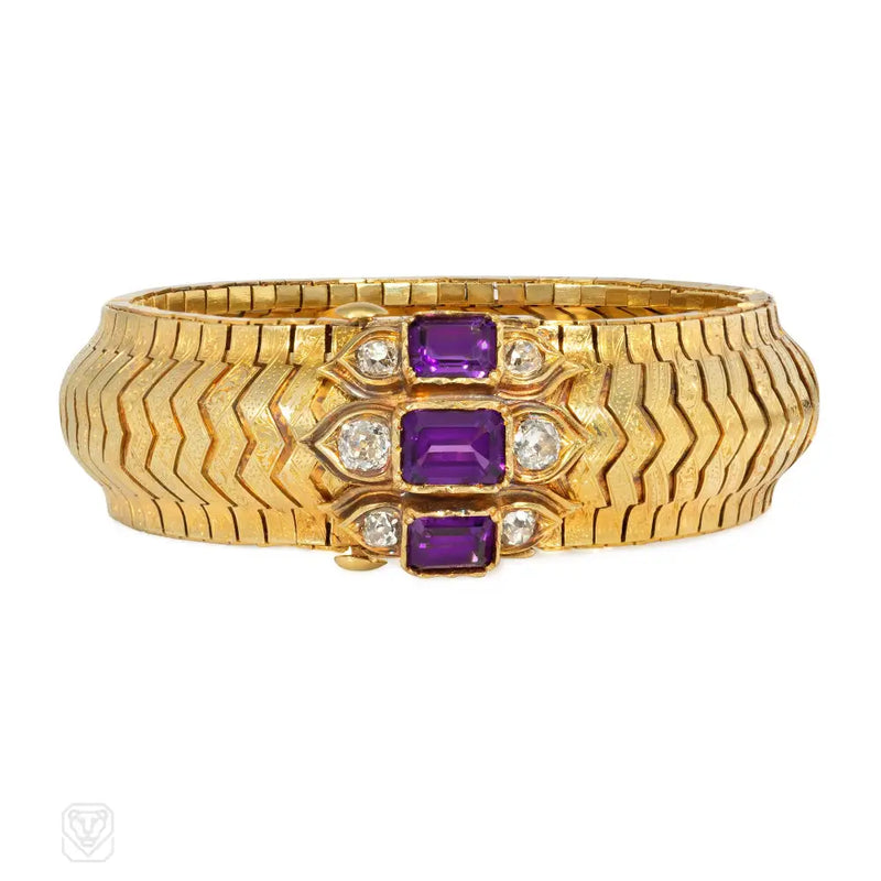 Antique gold strap bracelet with diamond and amethyst ornament
