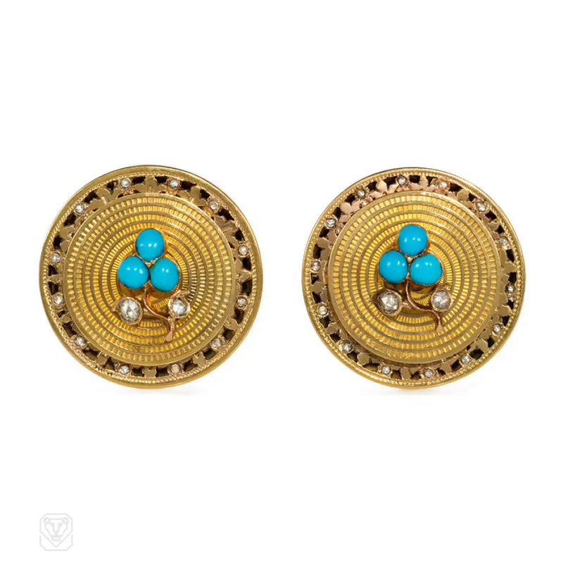 Antique Gold Turquoise And Diamond Earrings