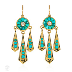 Antique gold, turquoise, and diamond girandole style earrings