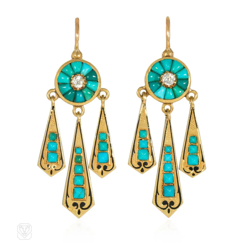 Antique Gold Turquoise And Diamond Girandole Style Earrings