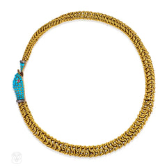 Antique gold, turquoise, and gemset Ouroboros serpent necklace