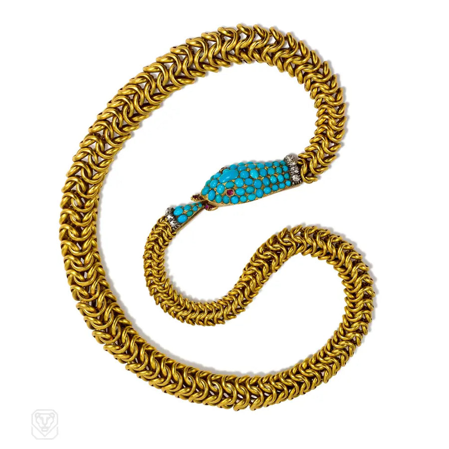Antique Gold Turquoise And Gemset Ouroboros Serpent Necklace