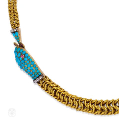 Antique gold, turquoise, and gemset Ouroboros serpent necklace