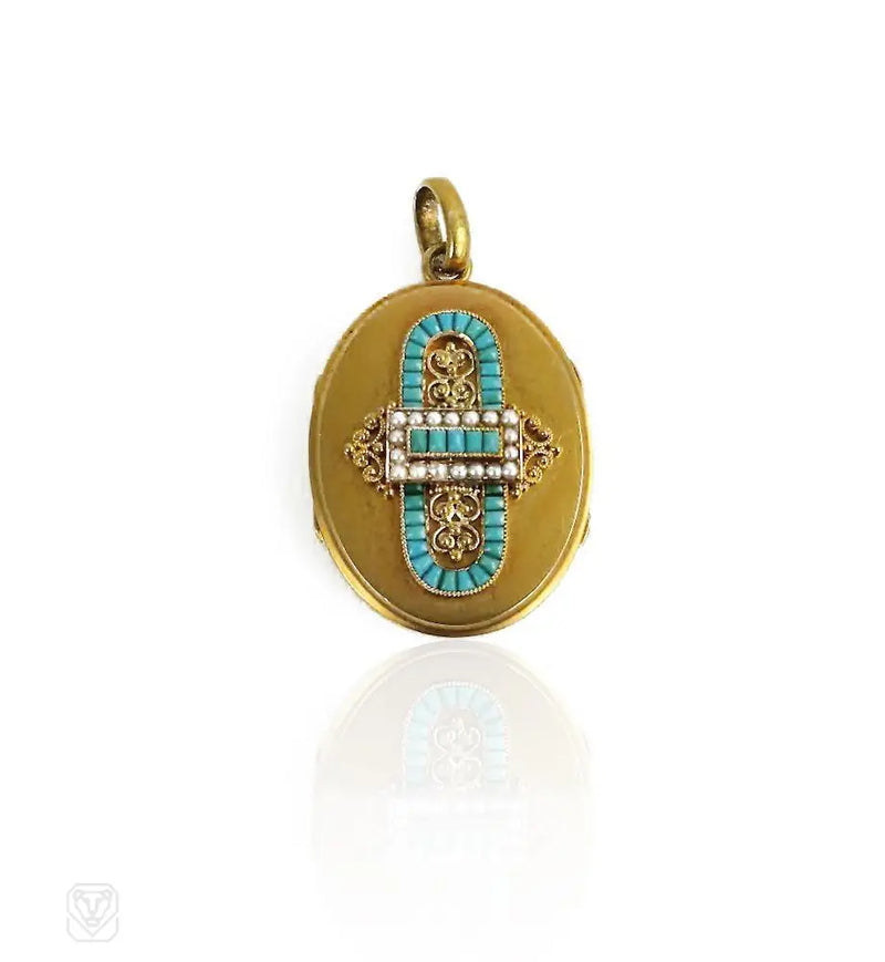 Antique Gold Turquoise And Pearl Locket