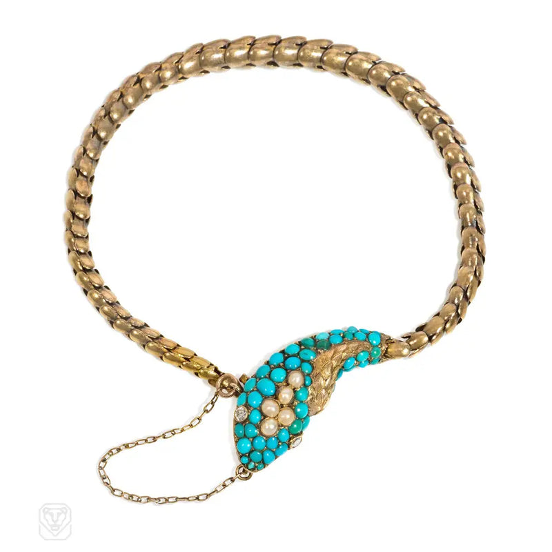 Antique Gold Turquoise And Pearl Snake Bracelet