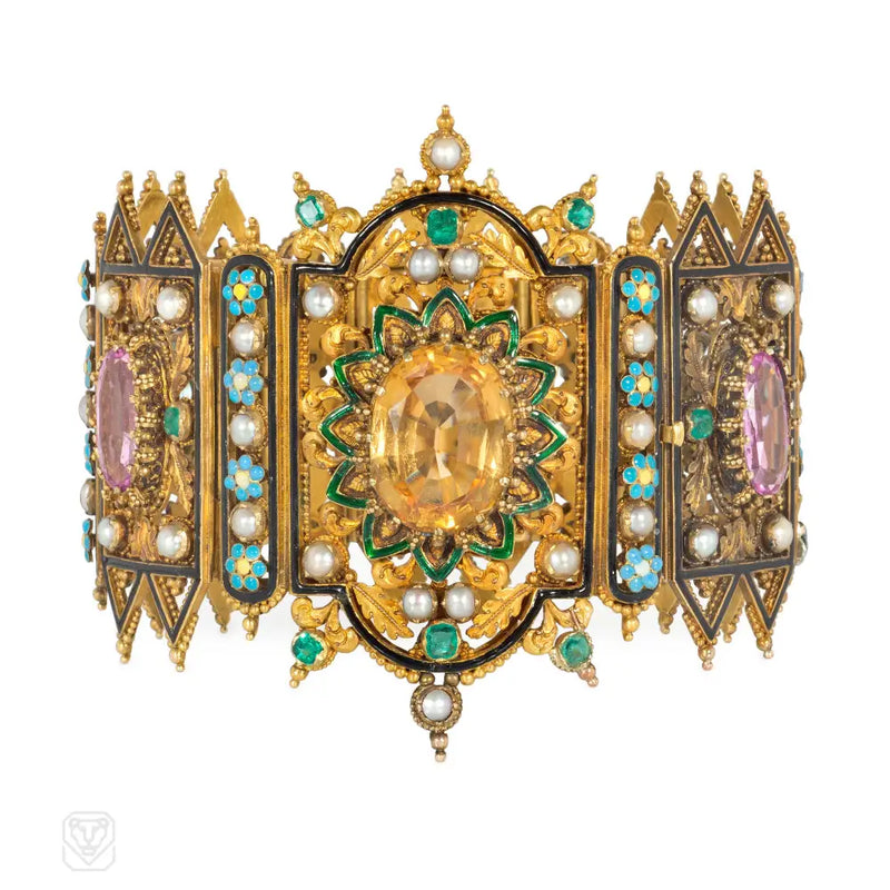 Antique Gothic Revival multi-gem and enamel panel bracelet