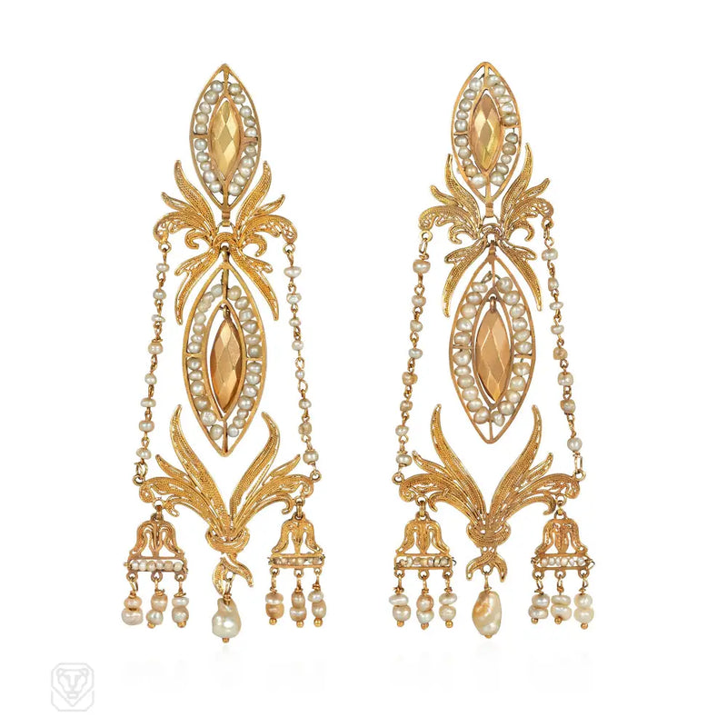Antique Iberian gold and pearl pendant earrings