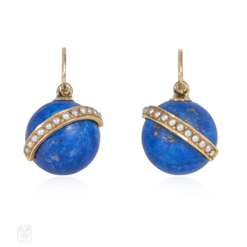 Antique Lapis And Pearl Earrings