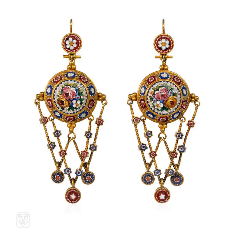 Antique Micromosaic And Gold Earrings. Vatican