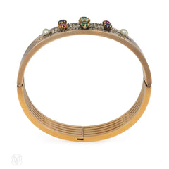 Antique multigem banded cuff bracelet in patinated gold