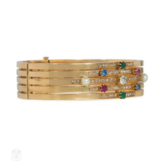 Antique multigem banded cuff bracelet in yellow gold