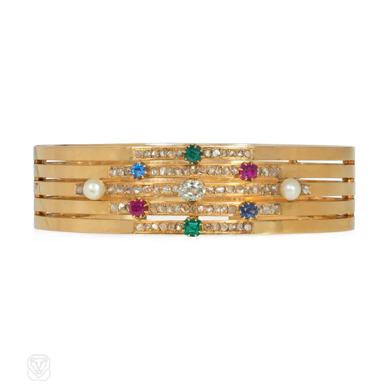 Antique Multigem Banded Cuff Bracelet In Yellow Gold