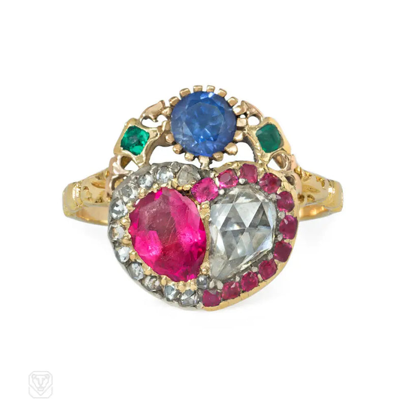 Antique multigem double heart ring
