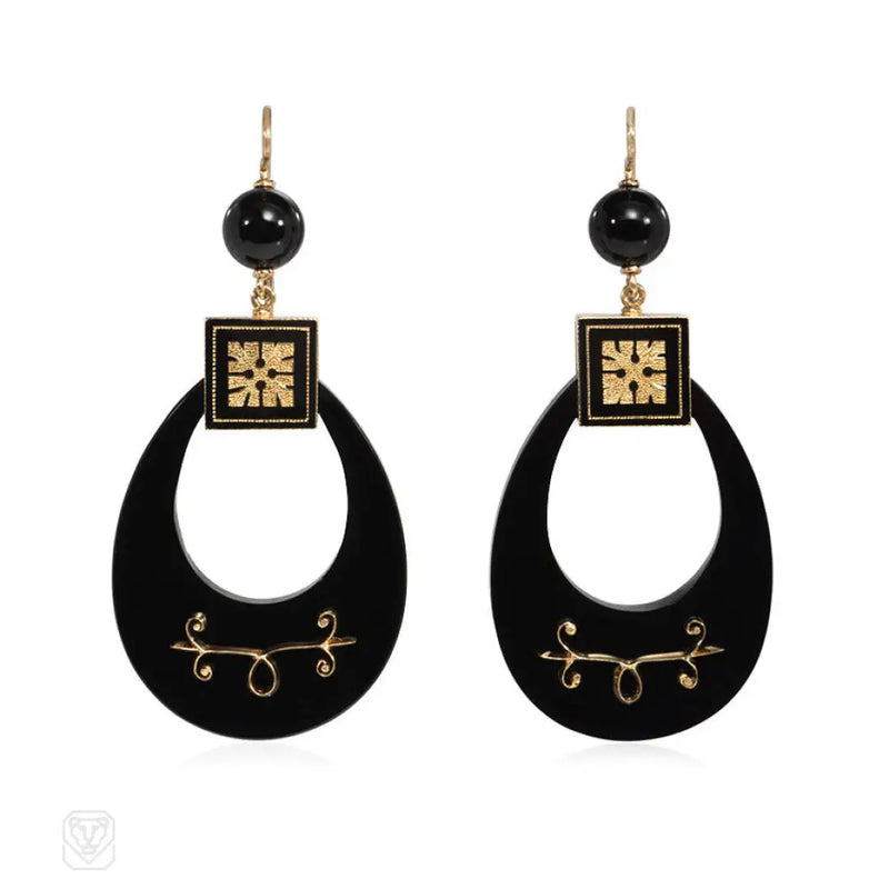 Antique Onyx And Enamel Hoop Earrings