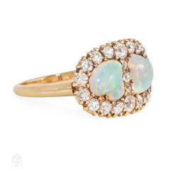 Antique opal and diamond double heart ring
