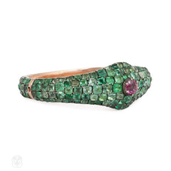 Antique pavé emerald and pink sapphire bangle