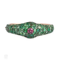 Antique pavé emerald and pink sapphire bangle