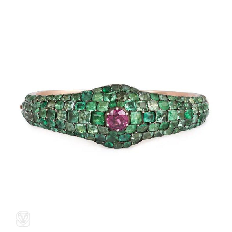Antique Pavé Emerald And Pink Sapphire Bangle