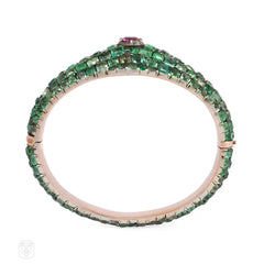 Antique pavé emerald and pink sapphire bangle