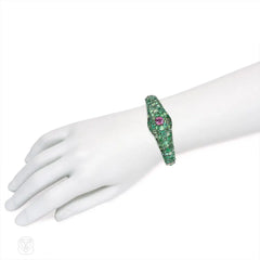 Antique pavé emerald and pink sapphire bangle