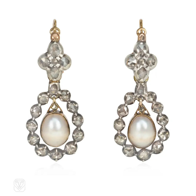 Antique Pearl And Diamond Drop Pendant Earrings