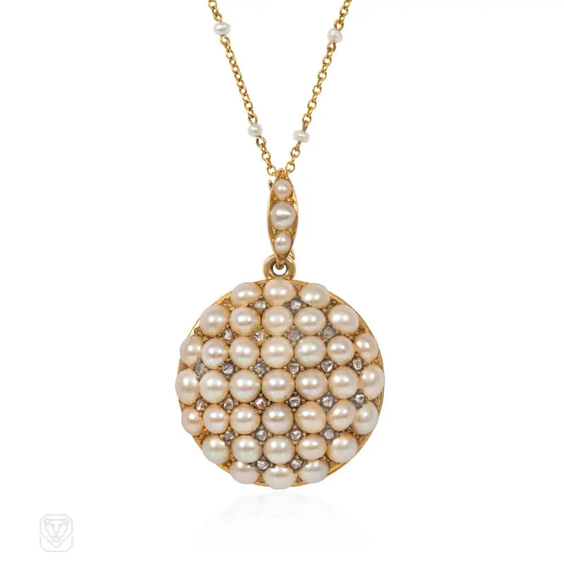 Antique Pearl And Diamond Pendant Locket Chain