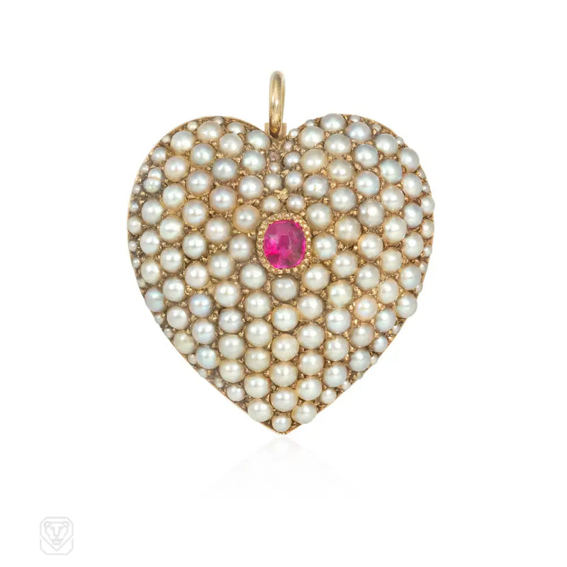 Antique Pearl And Ruby Heart Pendant/Brooch