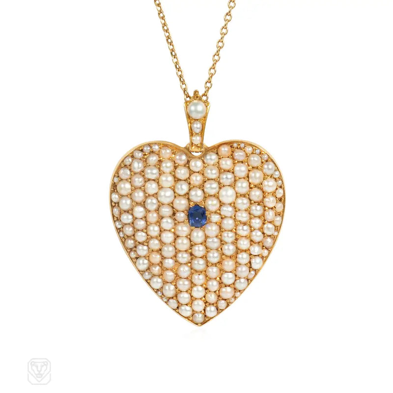 Antique pearl and sapphire oversized heart locket