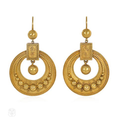 Antique pendant hoop earrings with beaded design