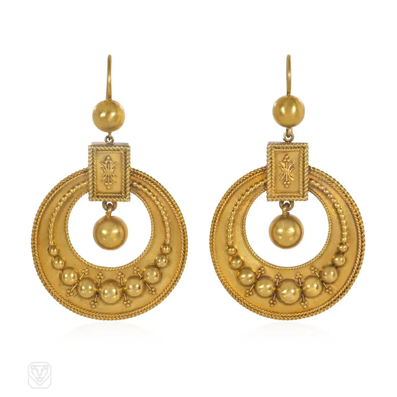 Antique pendant hoop earrings with beaded design