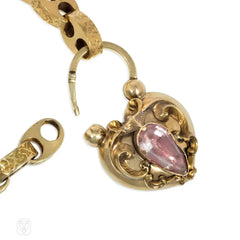 Antique pink topaz and gold heart padlock bracelet