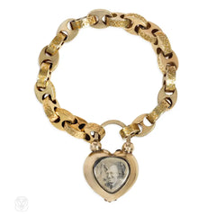 Antique pink topaz and gold heart padlock bracelet