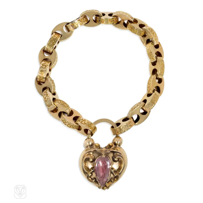 Antique Pink Topaz And Gold Heart Padlock Bracelet