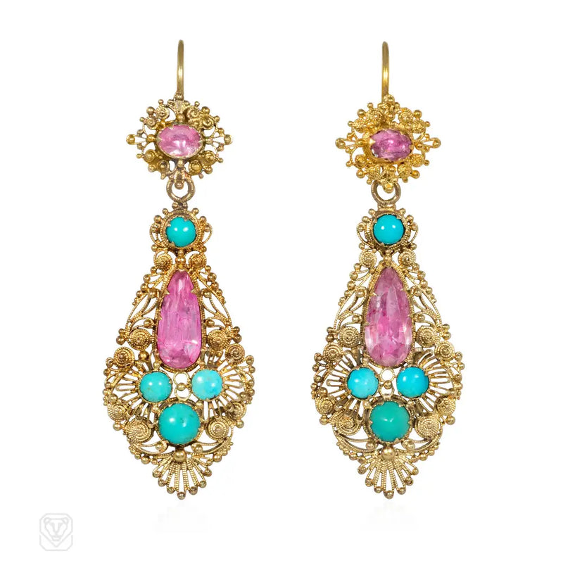 Antique pink topaz and turquoise earrings