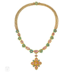 Antique pink topaz, pearl and turquoise cannetille necklace