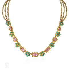 Antique pink topaz, pearl and turquoise cannetille necklace
