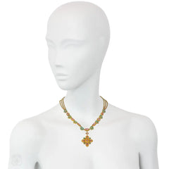 Antique pink topaz, pearl and turquoise cannetille necklace