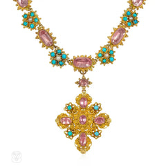 Antique pink topaz, pearl and turquoise cannetille necklace