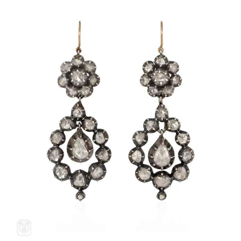 Antique Rose Cut Diamond Pendant Hoop Earrings