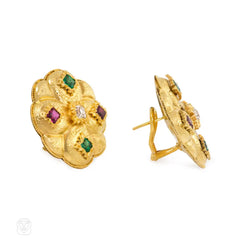 Antique ruby, diamond and emerald quatrefoil earrings