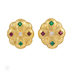 Antique ruby, diamond and emerald quatrefoil earrings