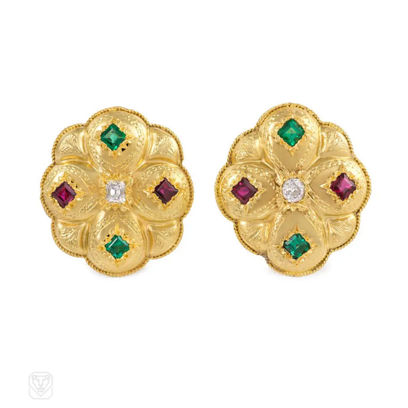 Antique Ruby Diamond And Emerald Quatrefoil Earrings